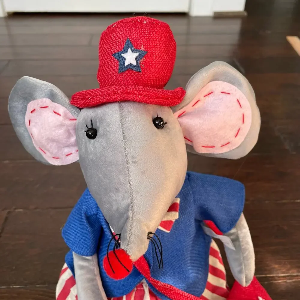 Patriotic Mouse Shelf Sitter Bean Stuffed American Red White Blue Folk Art Party